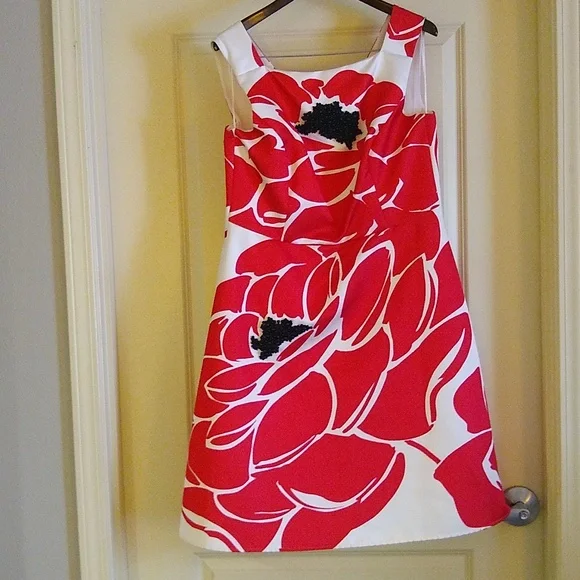 Escada | Dresses | Escada Silk Red Poppy Dress 44 Us 8 With Beads | Poshmark